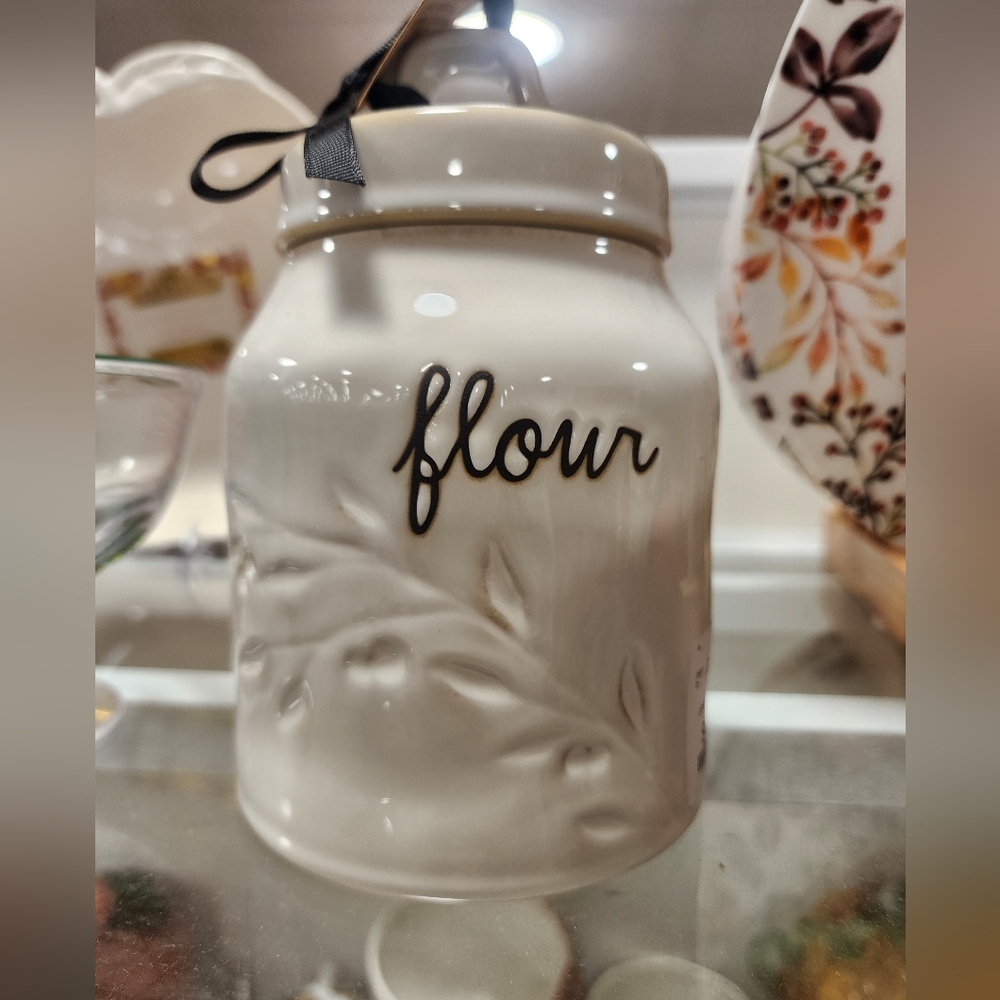 Rae Dunn Embossed Flowered White Ceramic Flour Jar